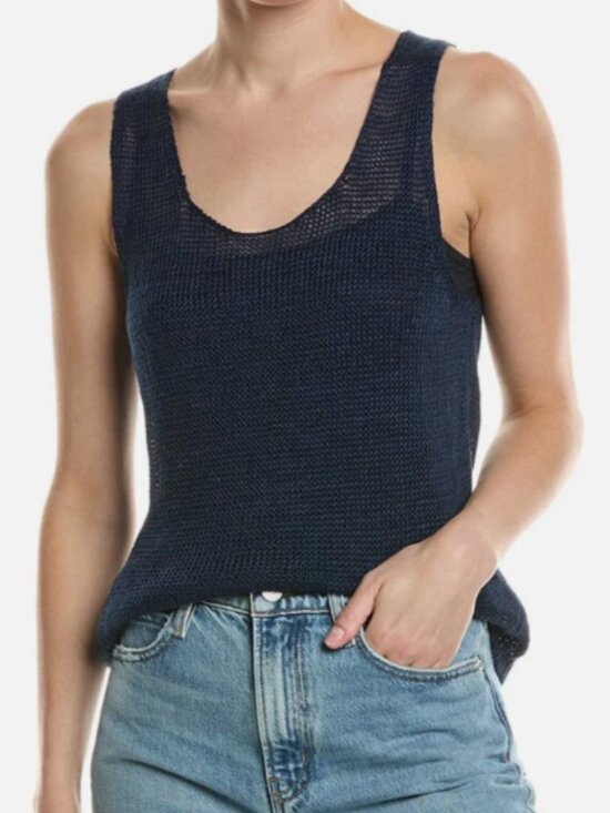 Vince Tops - COASTAL LUXE | Vince Beachy Linen Open Stitch Knit Tank in Navy Blue Size Medium